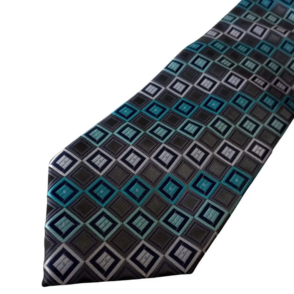 Colours Alexander Julian Mens Teal Grey Geometric Square Pattern Polyester Tie
